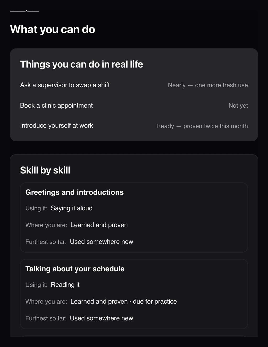 A Voxara Passport listing real-life tasks with how ready the learner is for each, and skills marked as learned and proven or still getting there.